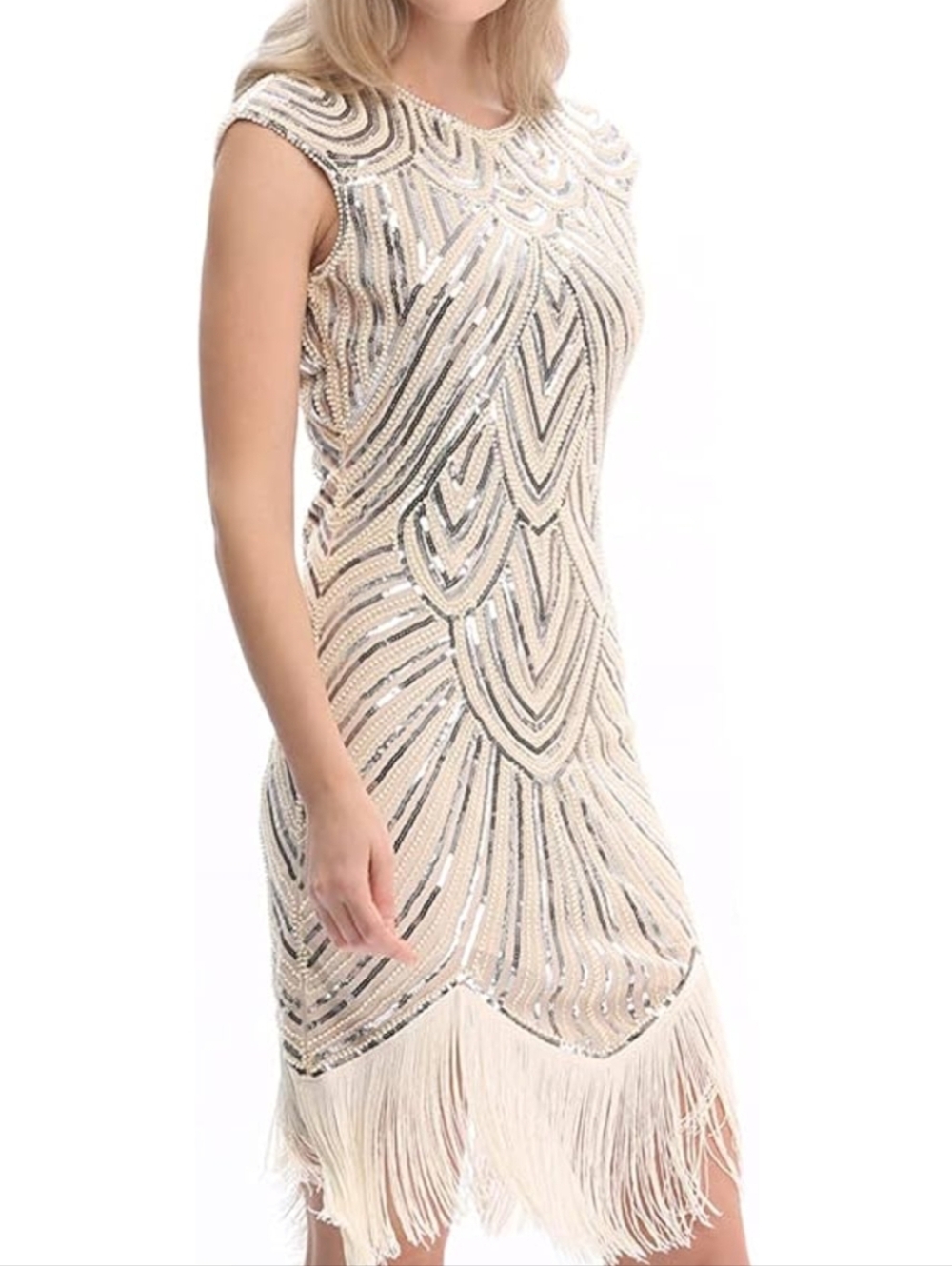 1920s Style Beaded Sequin Charleston Flapper Gatsby Fringe Dress Sz M Gold EUC